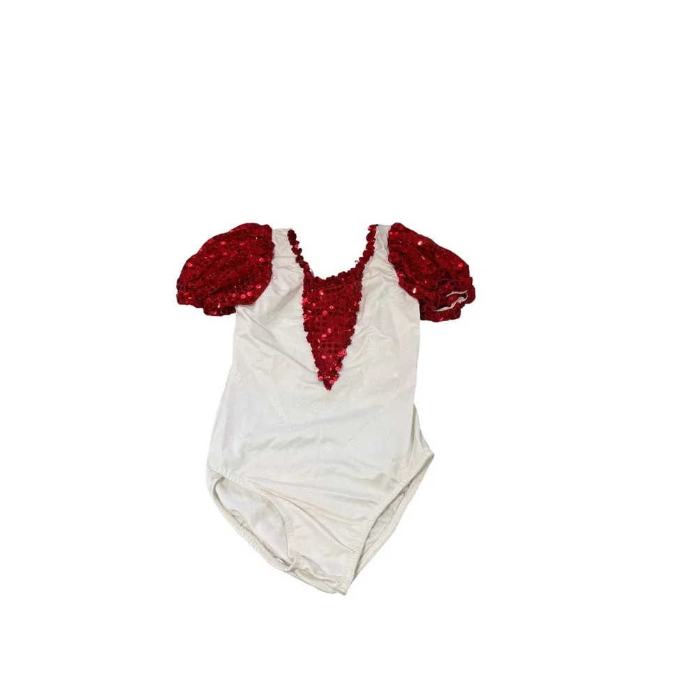 Vintage Kids Red White Sequin Dance Costume Leotard Skirt Set MC Medium Child